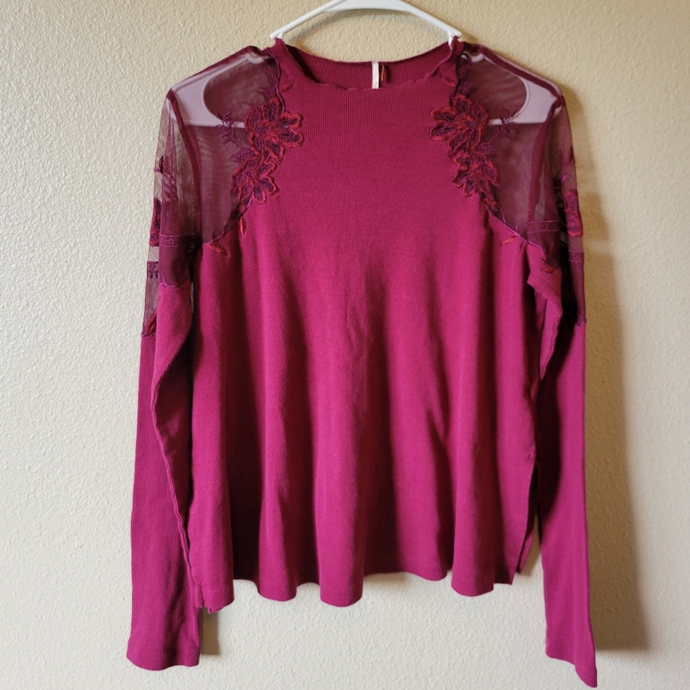 Free People Daniella Illusion burgundy sheer mesh shoulder long sleeve top, XS